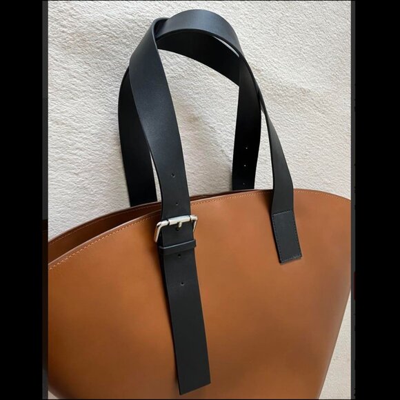 ZARA XXL Leather Bucket Tote Brown with Black Handles - Picture 10 of 16